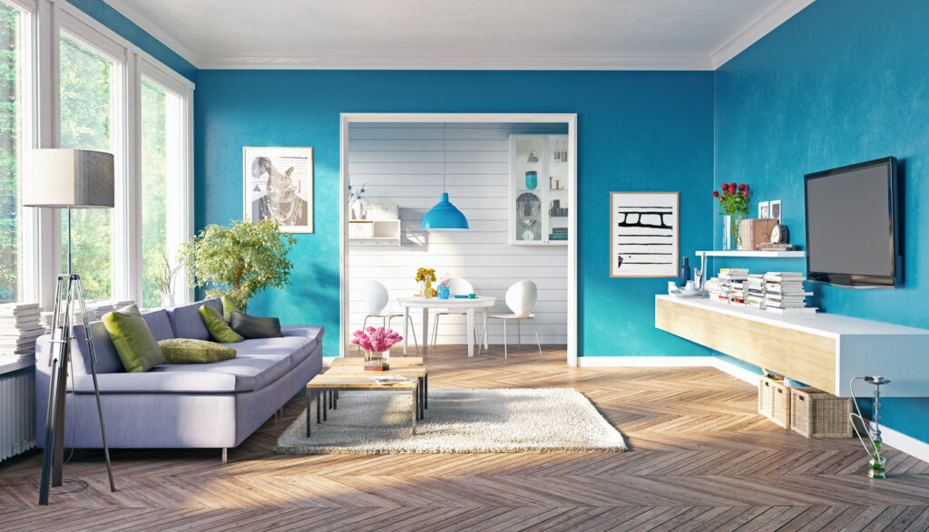 modern living room Living room with painted walls and decorative crown molding