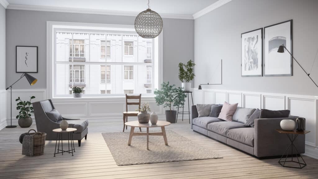 Modern scandinavian living room interior – 3d render Living room illuminated by natural and artificial light